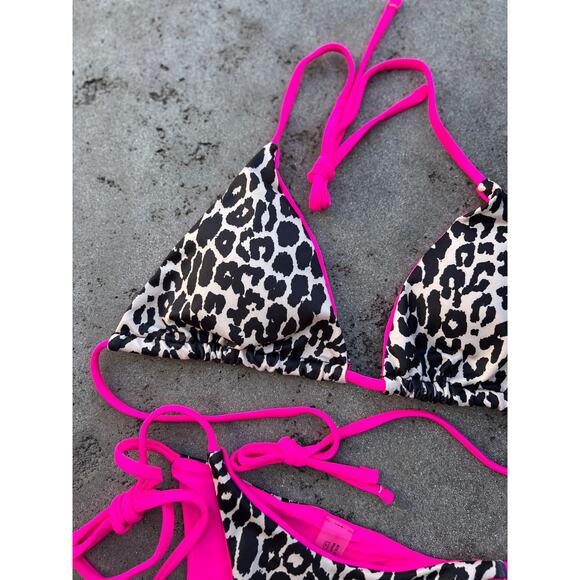 Hot Pink Leopard Print Triangle Halter Top Cheeky String Bikini MEDIUM A-D Cup - Picture 3 of 9